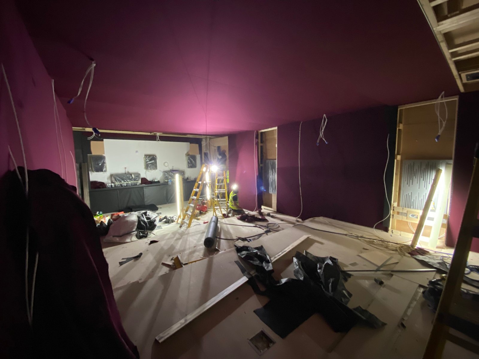 Building a dedicated cinema. Starting to install the fabric walls. Hiding the speakers out of sight.